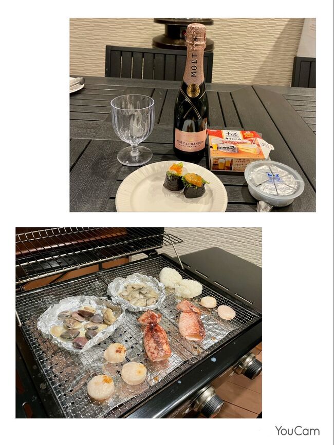 本日の夕食<br />自宅にあったシーフードとシャンパンを持参。<br />コンビニも徒歩３分なんで、買い足しもOK