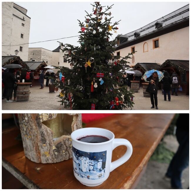 城塞エリアのクリスマスマーケット<br />ホットワインを頂きます<br />飲み終わったあとコップを返すと、コップ代の5ユーロが返金される仕組み