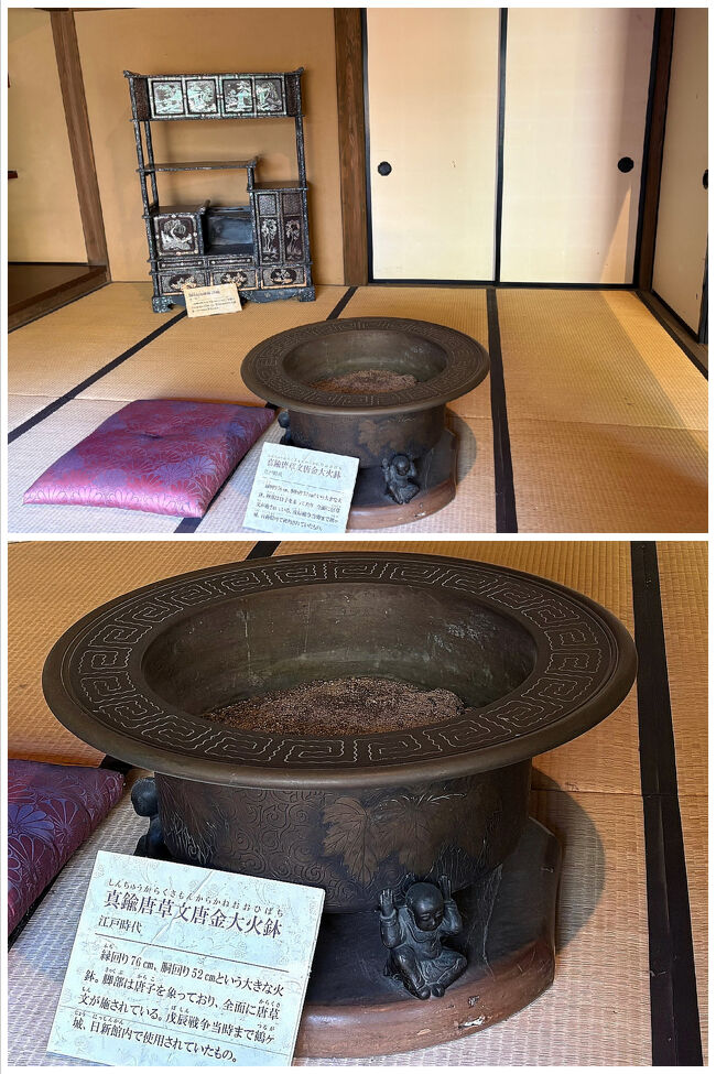 家老の応接間「客体の間」。<br />手前にあるのは「真鍮唐草文唐金大火鉢」・・・縁周りは76ｃｍの大火鉢で脚部に唐子が彫られ、戊辰戦争までは鶴ヶ城・日新館内で使われていました。、<br />頼母は時局の急迫とともに家老に復帰しますが、和議恭順を主張し、交戦派から軟弱論として激しい反発を受け、城を去ります。