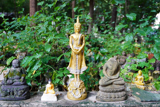 綺麗なものもあれば、苔が生えたものも並べられています。<br />右の像は手に乗るくらい小さいのですが、このサイズのものまで頭が無くなっていました。