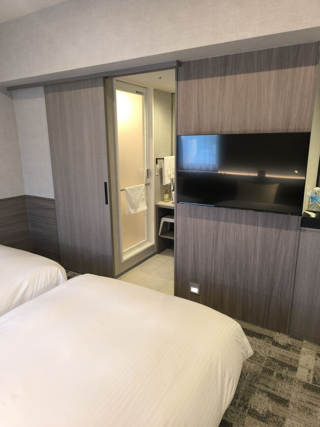 足元側にテレビ<br />通路の突き当りに洗面台<br />右がトイレで左がお風呂