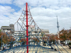 すみだ北斎美術館の前の公園からは、スカイツリーが見えました。
ジャングルジムは富士山をモチーフにしているのかな。