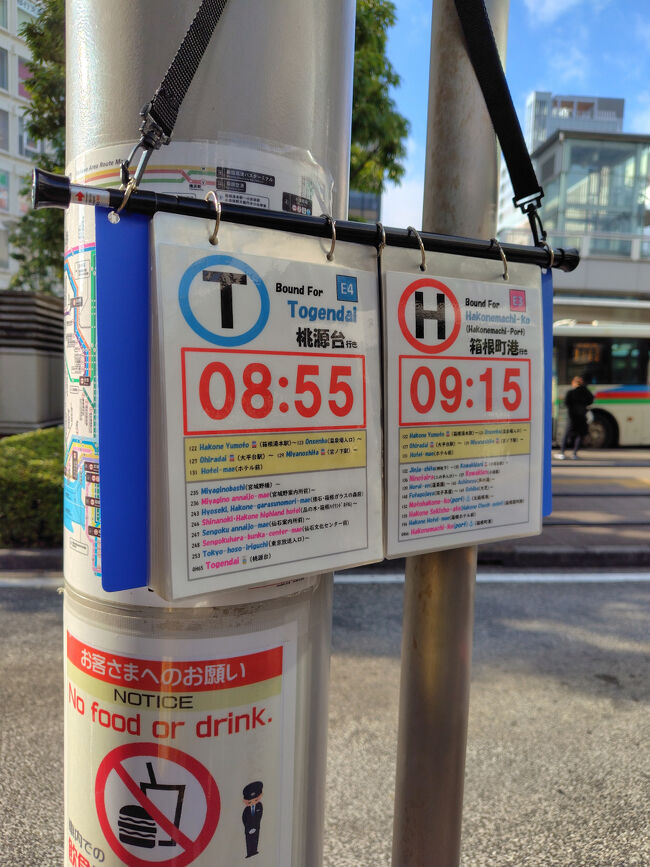 箱根に何があるのかネットや４トラであれこれ調べたら、美術館巡りや芦ノ湖周辺、大涌谷がやはり定番みたい。<br />今日の私の箱根はススキと紅葉狩りを軸にしようと思います。<br /><br />まずは小田原駅から8:55発の桃源台行きバスで仙石原を目指します。<br />来る途中で朝ごはんを食べられなかったので、バスを待ちながらサンドイッチをもぐもぐしました(バス内は飲食禁止です)。