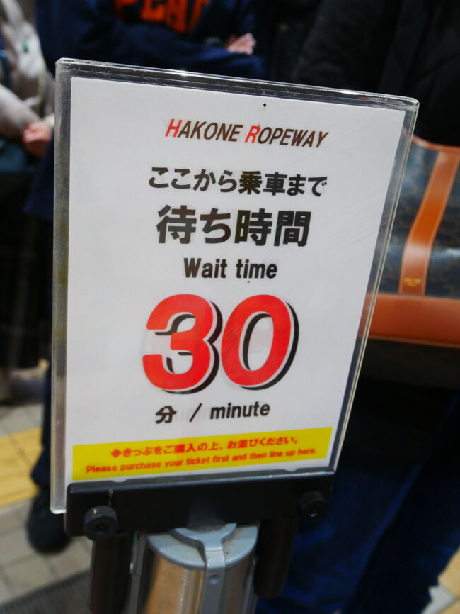 なんと大、大、大行列！<br />この30分待ちの案内板の後ろにもまだまだ列は伸びていて、軽く1時間以上は待つのでは？という長さでした。<br /><br />ロープウェイは移動手段だと思ってましたが、箱根のこれはそれ自体がアトラクションのようなものなんですね( ; _ ; )<br />こんなに並ぶとは思ってなかったので困ったな。<br />経路検索ではさすがに待ち時間まではわからなかったし。<br />紅葉きれいだし、天気もいいし、土曜の昼過ぎだし、混む要因がいろいろ重なっちゃったのかもしれません。