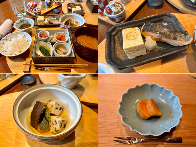 【 Breakfast @Ochiairo 】<br /><br />朝食は，7時半，8時，9時，9時半開始のいずれか。8時からお願いしました。<br /><br />駿河湾産桜海老の南蛮漬け，わさび海苔や地元野菜のごはんのお供に，もずく酢，天城産平飼い卵のだし巻きと紅姫あまごの炭火焼き，修善寺老舗豆腐屋のがんもどきなど。季節野菜がたっぷり入った味噌汁が美味。ご飯と味噌汁と漬物だけでも，幸せだなと思わせてくれるような，そんな朝食でした。<br /><br />「あさば」さんの朝食と同様，山葵と削り節も用意されます。