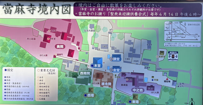 當麻寺は、真言宗と浄土宗の二宗が共に学ぶ珍しい寺院で、創建は飛鳥時代と伝わる古いお寺です。<br />境内図を見ると、国宝や重要文化財があちらこちらに点在していることがわかります。さすが奈良のお寺ですね。<br />