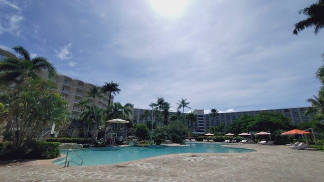 今日はホテルのビーチとプールで過ごします。<br />しばらくの間、ビーチで泳いでみたけれどダイビングショップで言われた通り何もいないし砂が舞って何も見えない。<br />流れも強くて疲れたので早々にプールに退散です。<br />それにしても暑い！<br />