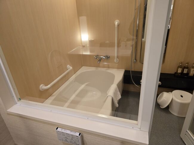 洗面所からガラス越しに風呂を見たところ