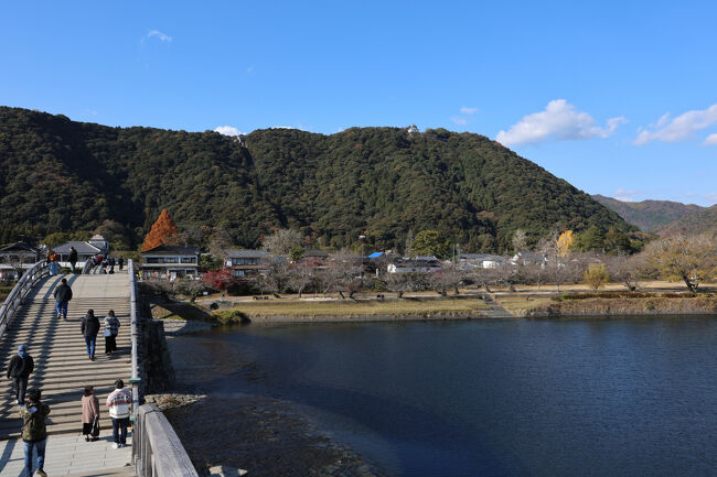 錦帯橋のたもとで、錦帯橋＋ロープウェイ＋岩国城のセット券を買って（錦帯橋自体も通行は有料、つまりこう見えて有料道路なんです）、橋を渡っていきましょう。<br /><br />右手奥の山上に立つのは、岩国城の天守閣。<br />足元の錦川も、水面の色が引き込まれそうなほど濃くて、橋に負けじと綺麗です。