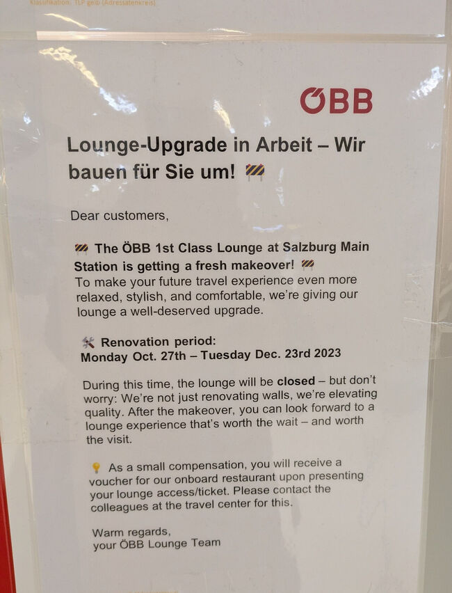 なんと改装中でした<br />悲しい<br />ラウンジアクセスのチケット見せると窓口で列車のレストランで使えるバウチャーをくれると書いてあります<br />2023年て書いてあるのが謎です