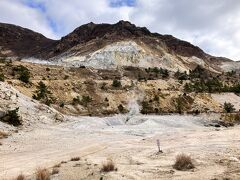 【火口】
立ち止まったら気力が持たなそうなんで、一気にここまで来ました。たったの3分で心臓バクバク。もしかしたら私の心肺機能が弱いだけ？
火口から微かにゴゴゴゴゴ…という音が聞こえて来ます。道中ずっとしてた硫化水素の匂いも、ここが一番強いです。