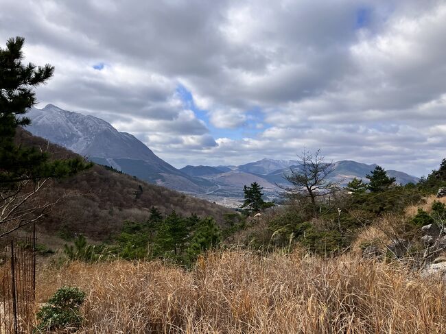 【息が整うまで景色を楽しむ】<br />周囲の山(由布岳1584m、鶴見岳1374mなど)は雪が積もってます。この山(伽藍岳1045m)は少し低いのと、木が無いのが影響してるのか、まだ積もってません。