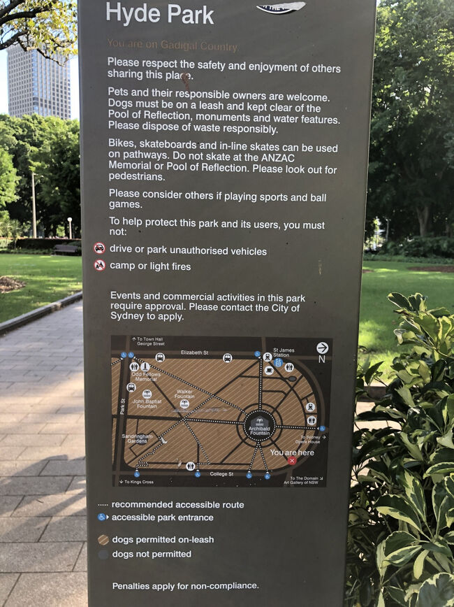 更に進みます。シドニーのcity中心部のハイドパークです。<br /><br />元々は競馬場だった形状がそのまま公園になっているので公園北側は楕円状の敷地になっています。<br /><br /><br /><br />