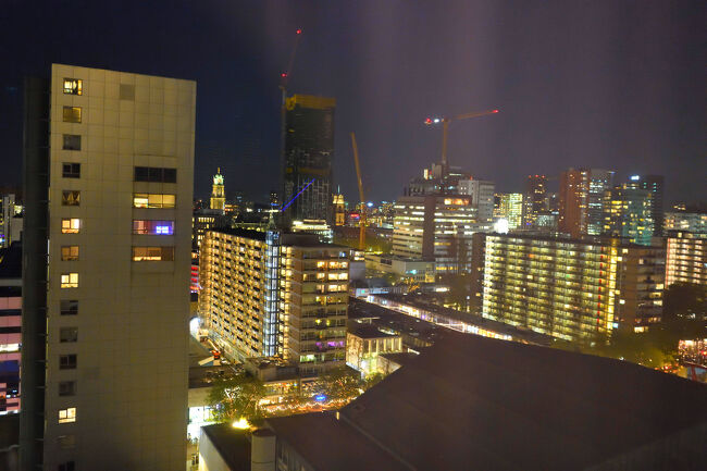 ホテルの部屋から眺めた夜景です。<br />高層ビルの窓が灯り、クレーンのシルエットが浮かぶ景色に、ロッテルダムの活気と静けさが同時に感じられます。<br />