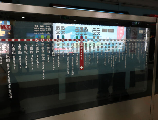 「東単」駅で1号線に乗り換えて，「王府井」駅に向かいます。