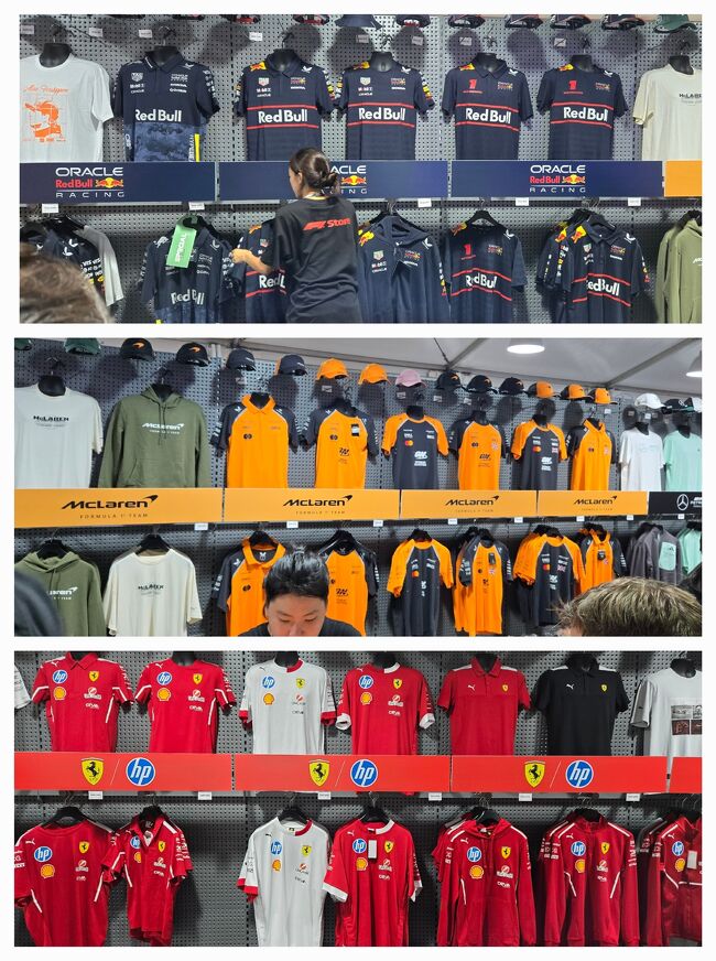主要チームのTシャツ。同じようなTシャツのため、値段も変わらないのかと思いきや、人気チームのTシャツほど高いと感じました。特に、フェラーリだけ異様に高かった記憶があります。