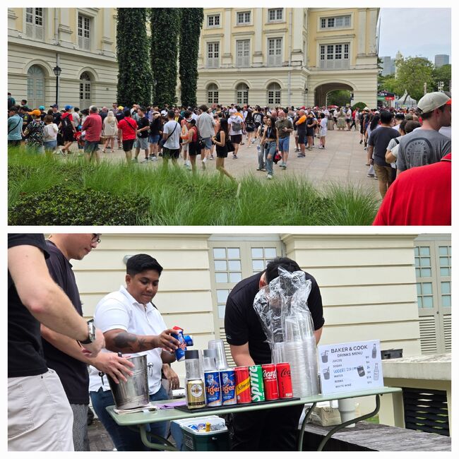 ゲートに行った時間が遅かったせいか、前日のフリー走行２回目より入場ゲートは混んでいました。下の写真は入場ゲートで並んでいた時に近くで飲み物を売っていたため撮ったものです。写真では読めませんが、何と水は６ドル(720円)、ビールは１４ドル(1,680円)でした！