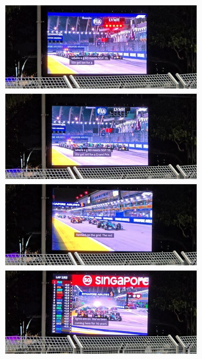 レースの様子は巨大モニターで確認することが出来ました。こんな感じで結構クリアに見えましたので、何が起こってるかよくわかりました。写真はスタート時の様子です。動画でモニターを撮っていましたが、こんな感じで綺麗に見えていました。