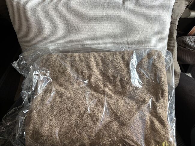 搭乗すると、座席に枕とブランケットが置いてありました。