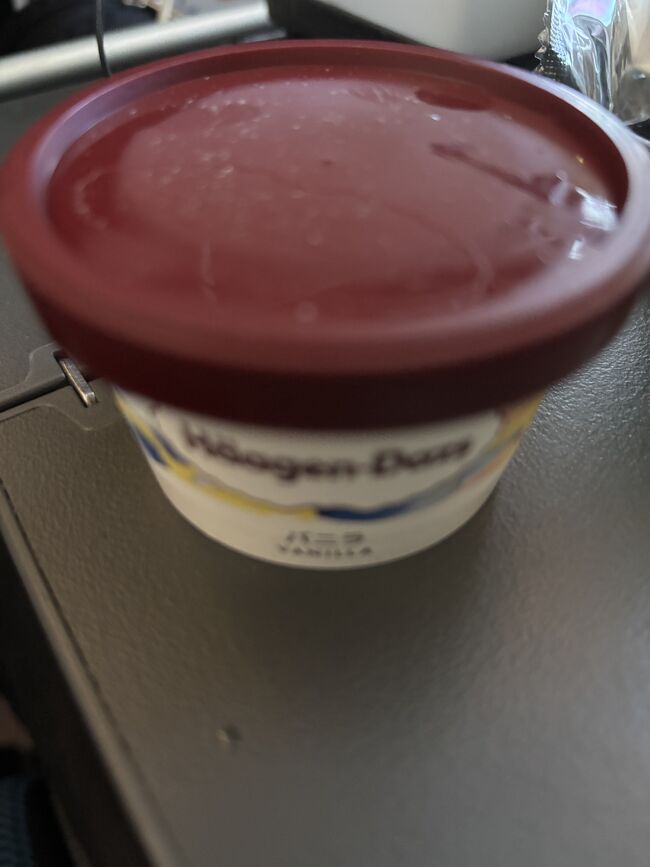 食後に配られたハーゲンダッツのアイスは完食しました。
