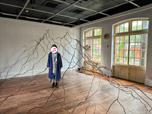 隣の部屋には、廃材作品の部屋から連続して、ワイヤーが張り巡らされている作品<br /><br />中に入ってみたりして