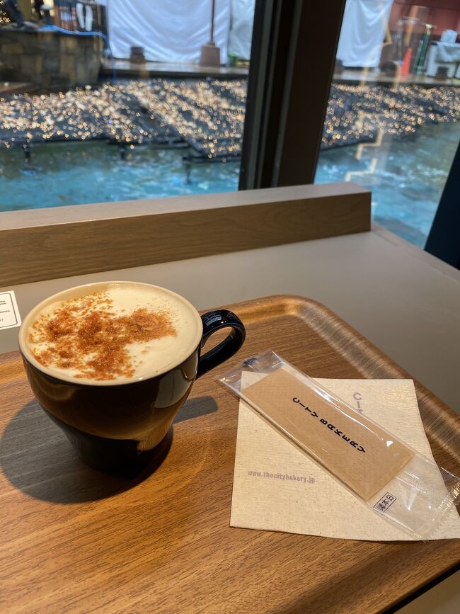 キャナルシティへ到着しました。<br />ところが移動が順調すぎて<br />開演まで1時間30分もあります。<br />博多駅や天神まで移動するほどの<br />余裕はなさそうなので<br />施設内のシティベーカリーで<br />バタード・ラム・なんちゃら(激甘)を<br />いただきながら噴水ショーを眺めました。