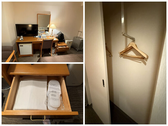 ドレッサーにもなるデスクや、小さいながらもクローゼットがあって。<br />あれ？パジャマはお部屋に備えてあったんだー。ロビーにあった室内着とは別なのね。<br />テレビが小さいのは…見ないので無問題。