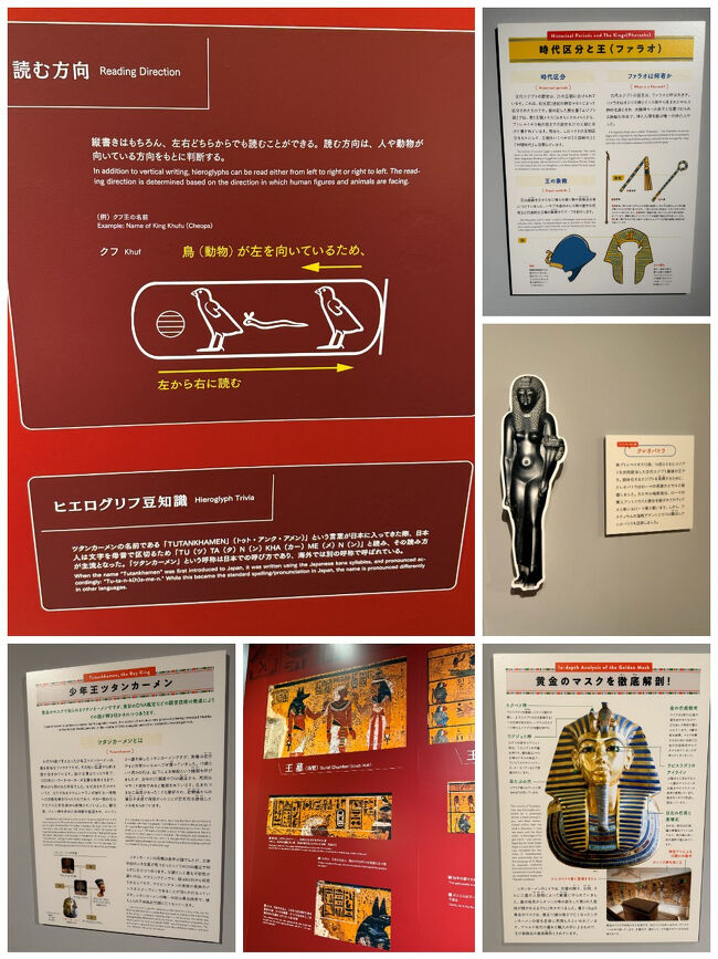 展示内容は、古代エジプトの謎に迫る多くの展示物を細やかな解説を付けて進むスタイルで、かなり知識を深めることができました。<br />エジプトの文字として有名なヒエログリフの成り立ちや読み方なども、説明文を熟読しちゃって…。<br />なるほど～、ふむふむ、、、なんて言いながら学ぶのが面白いわー。
