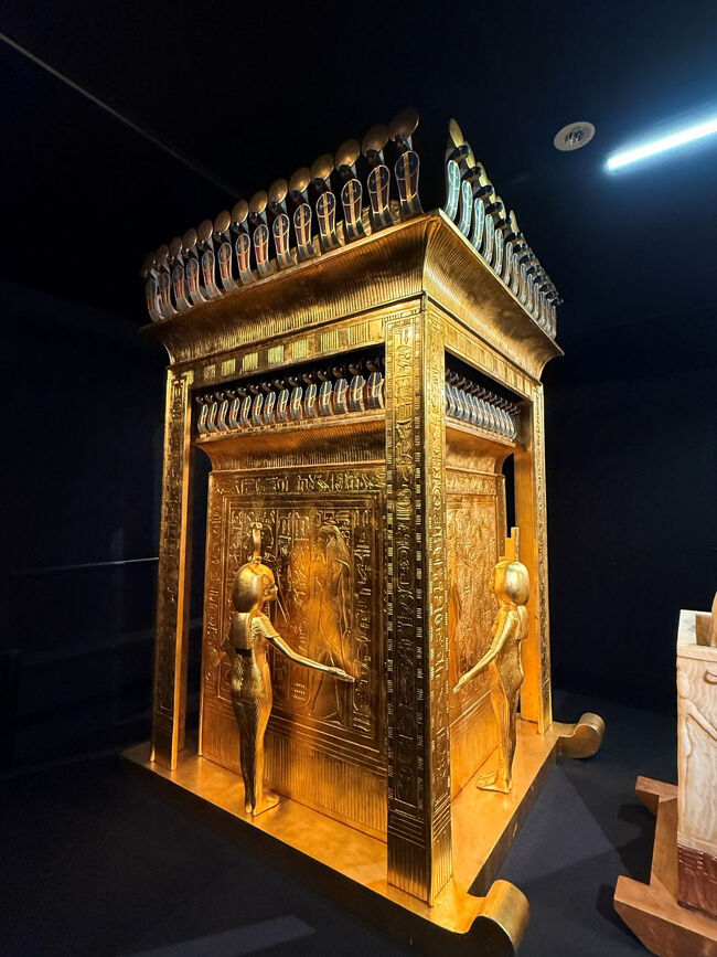 それらのカノプスは，こんなに立派な黄金の容器に入れられて埋葬。<br />亡くなった人の体は綺麗に洗浄し、内臓を除去したあと、ナトロンと呼ばれる防腐剤で処理をし、亜麻布の包帯で包むことで体を腐敗から守っていました。<br />これらは全て、死者が確実に来世への旅ができることを目的として行われていました。