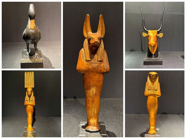 古代エジプトの信仰は、もともと多くの神々を崇拝する多神教だったんだけれど、ツタンカーメンの父であるアクエンアテンは、太陽円盤の神であるアテンのみを崇める宗教改革を断行し、それにより一神教になることに。<br />しかし、王を継いだツタンカーメンは、多神教に戻し、エジプト信仰に大混乱を招く結果になったんだとか。<br />左上の画像がガンの姿をした最高神アメン。変身できるんでしょうか。他にも多くの神々の姿が…。