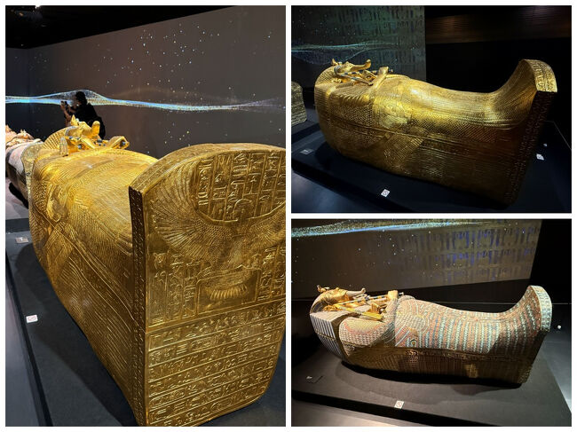 続いて棺たちが展示されていました。<br />ツタンカーメン王のミイラは、17層の亜麻布の包帯で包まれ、黄金のマスクが被せられ、三重の棺の1番内側の黄金の棺に納められていたそうで、その棺は、珪岩の塊を削って作られた棺に収められ、さらにその上に先の4つの厨子が被せられ、