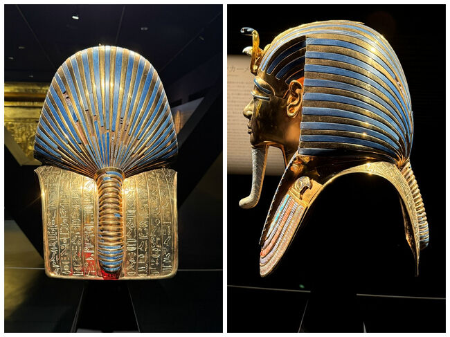 マスクの裏側には、死者を復活させる魔法のミイラマスクの呪文の一部がヒエログリフで記されており、死者が神の庇護を受けることを保証する方法が説明されているんだそう。<br />後ろから見た方がよりハッキリと黄金具合が感じられますね♪