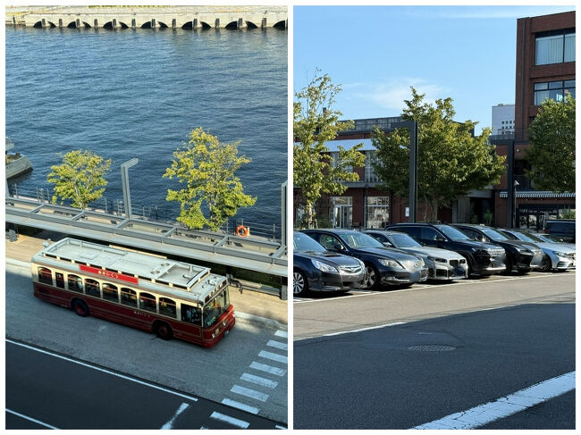 ラウンジの外を覗くと、可愛い赤い靴バス、そして愛車ー♪<br />いつでも好きなタイミングで車を見ることができて、旦那様は嬉しそう。