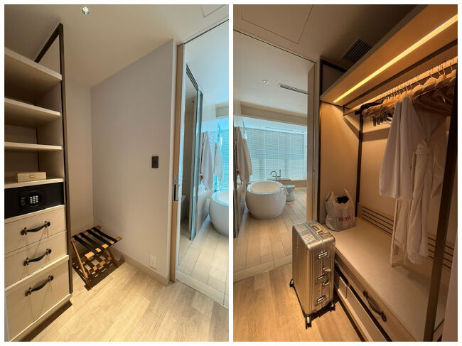 バスルームとエントランスの間にウォーキングクローゼットが。<br />1週間くらい滞在できそうな収納力どころか、スペース自体は我が家のウォーキングクローゼットと同じくらいの広さがあるんじゃないの？(笑)