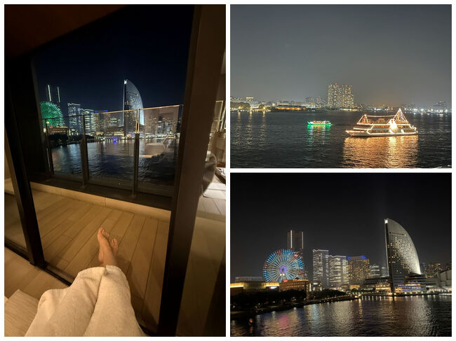 バスルームの窓辺にベンチソファーがあって、バスローブを羽織って、お風呂上がりにみなとみらいの風景を眺める至福の時。<br />こういう場所があることで、非日常を満喫できるわ。