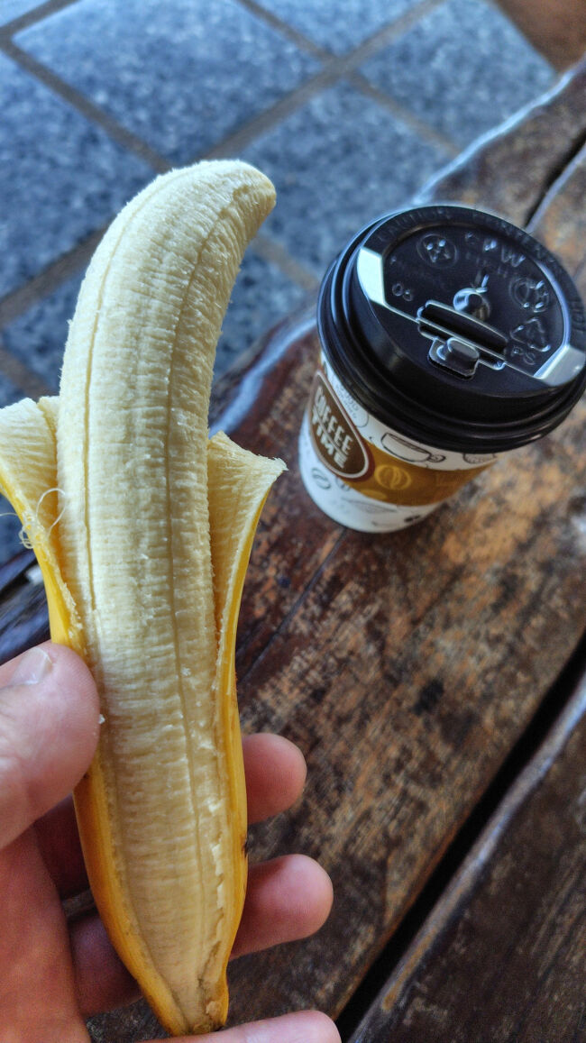 ようやく通信復旧したので、乗車前に買っておいたバナナ2本と、コーヒーショップで買ったエスプレッソで朝食。