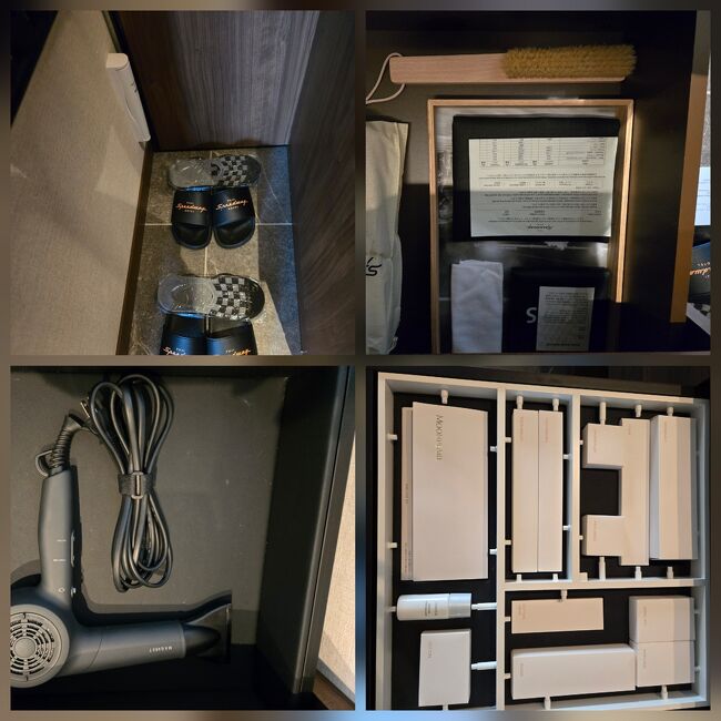スリッパ、靴下、ドライヤー。<br />アメニティの引き出しが、パーツみたい。<br />基礎化粧品はミキモトコスメ。