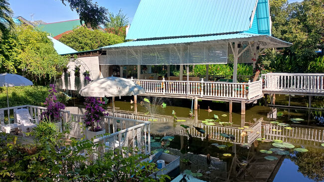 池の中央が、レセプション兼レストランになっています。<br />