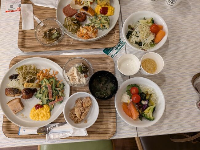 ２日目の朝です。ゴーヤチャンプルーにラフティーに島豆腐、ジューシーにユーグレナ入りの緑色の八重山そば、山菜入りモズク酢など、多彩な島料理が魅力的で食べ過ぎてしまいました。