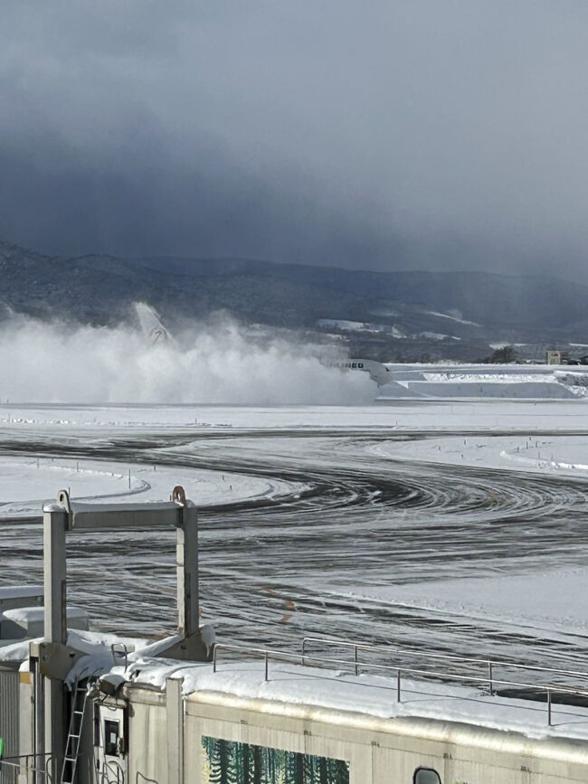 さすがにここまで雪しぶきを豪快に巻き上げている風景を見るとこの飛行機に乗っている乗客も展望台で見ている人も驚くよねぇ(;^ω^)。