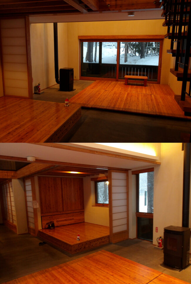 ちなみにこちらは１階。<br /><br />灯りを付けましょう。<br />建物全体を温めてくれるペレットストーブがあります。<br />ここは広間のような空間。