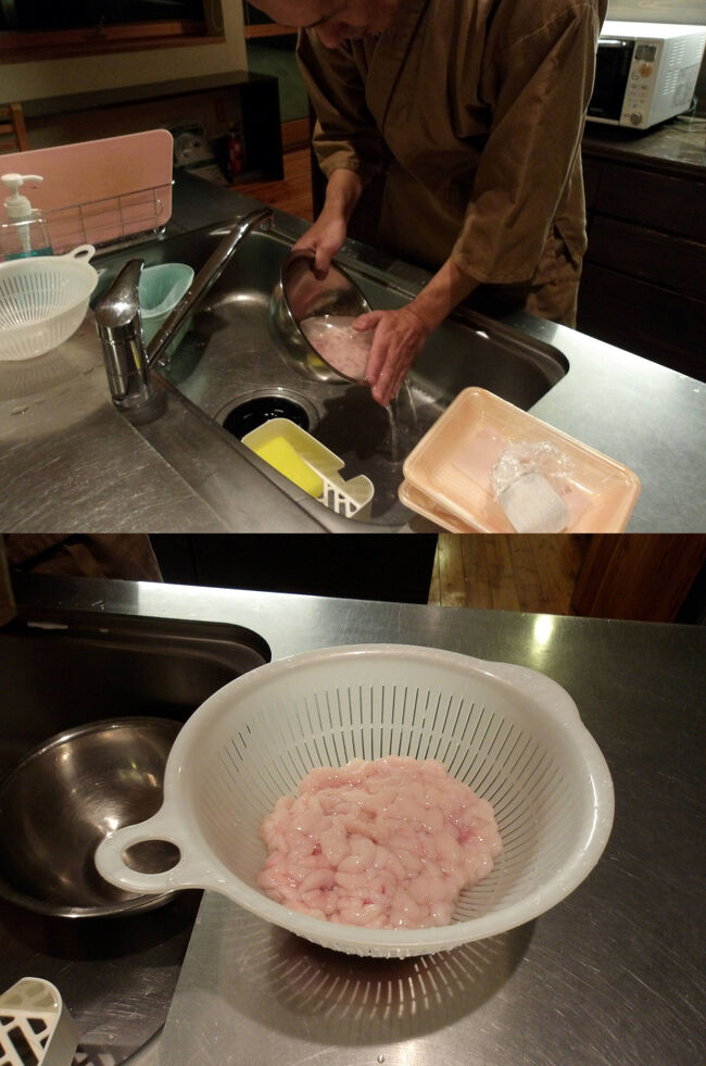 本日は鍋！<br />海のフォアグラとも言われる真鱈の白子を使いますよ(^_-)-☆。<br />北海道では“たち”と言うようです。<br /><br />一度、冷水で洗って、食べやすい大きさに切り分けます。