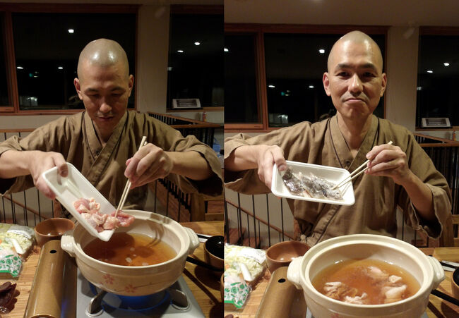 鍋に寄せ鍋のスープの素を入れて、温めてます。<br />それから鶏肉、たらを入れて…、