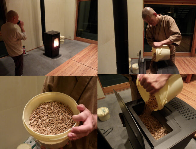 ちょっとペレットストーブのペレットを追加しておきましょうか(゜_゜)。<br />夜になると寒くなるので、火の調整もしつつ、ペレットを入れます。<br />付ける前に8割くらい入っていたのですが、半分の量に。<br />ちょっと気になっていたんです(;^ω^)。