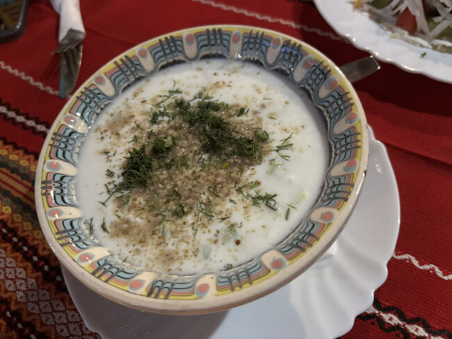 ディルを浮かべた冷製ヨーグルトスープのタラトルから（厳密には既に地ビールやブルガリアワインと共に）。