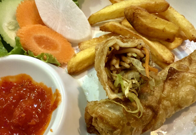 ベジ春巻き275ルピー：293円は中に焼きそばみたいなのが入ってました<br /><br />ビールも飲んでトータル1370ルピー:1458円はかなりお得感のある夕食でした<br /><br />2人でこれをシェアーして足りるって少食というのかな、異常に量を食べないと満足できないのは、逆に満腹中枢が麻痺してるのではないかと思いますが