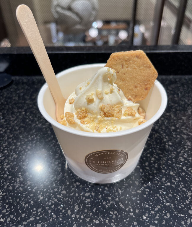 結局、1時間くらい歩きっぱなし。心斎橋の大丸の地下のアラン・デュカスで、ソフトクリームをいただいてクールダウン。