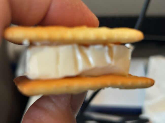 　チーズに挟んでいただきました。<br />　でも、クラッカー、ポロポロ下に落ちるので機内食には適さないかも。