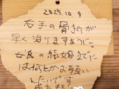 黒味岳のガイドさんに言われたらしい。
屋久島についたらまずは「益救神社」にお参りすべきと、、、
絵馬に早く骨折が治るようにと左手でお願い。
おかげで娘の結婚式にはちゃんとベールダウンできるくらいに復活できました(笑)。
今見直してみると左手で上手に書けているなあ、、、