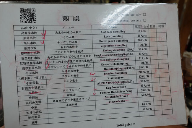 先客居れへんし、店の人は…気配を察知したか、どっかから戻って来ましたね。菜単出して来て、ちょい説明(英文)。で、オススメは…一番お高い三寶水餃210NT$ですと。まぁ、観光客やし、乗っかりますか。三寶やから三種盛りですね。